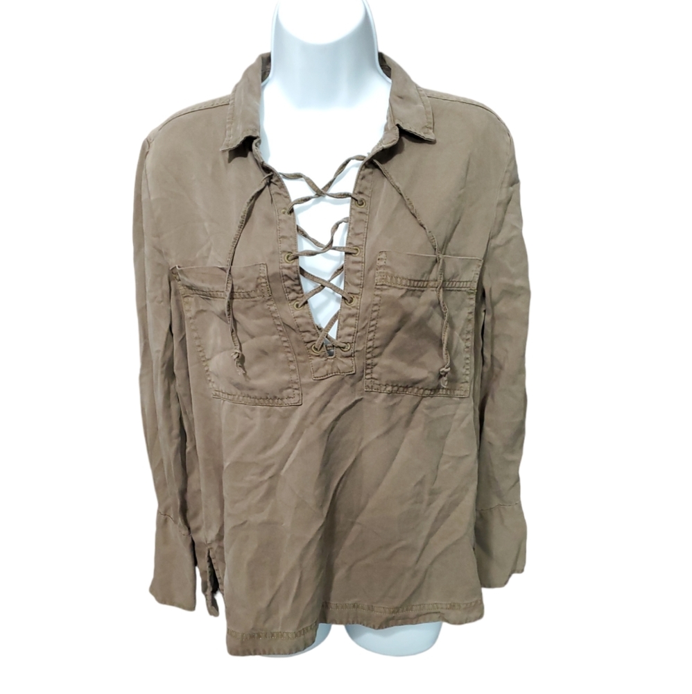 Velvet Heart Tan Lace Up Front Tencel Top